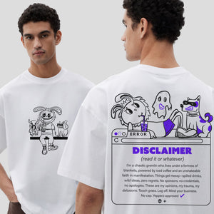 White Oversized Graphic T-Shirt – “Disclaimer” Unisex Streetwear Tee
