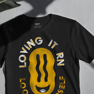 Black Oversized Graphic T-Shirt – “Loving It Right Now” Unisex Streetwear Tee