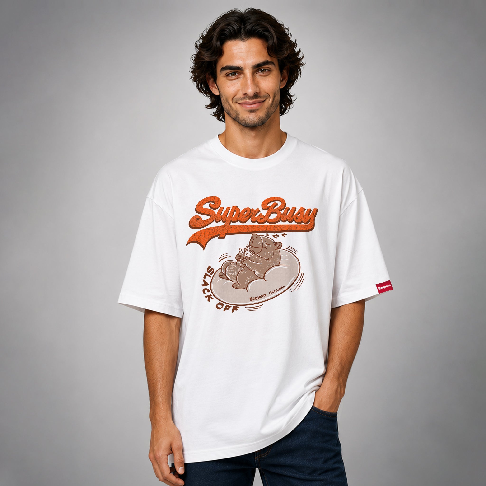 White Oversized Graphic T-Shirt – “Super Busy” Unisex Streetwear Tee
