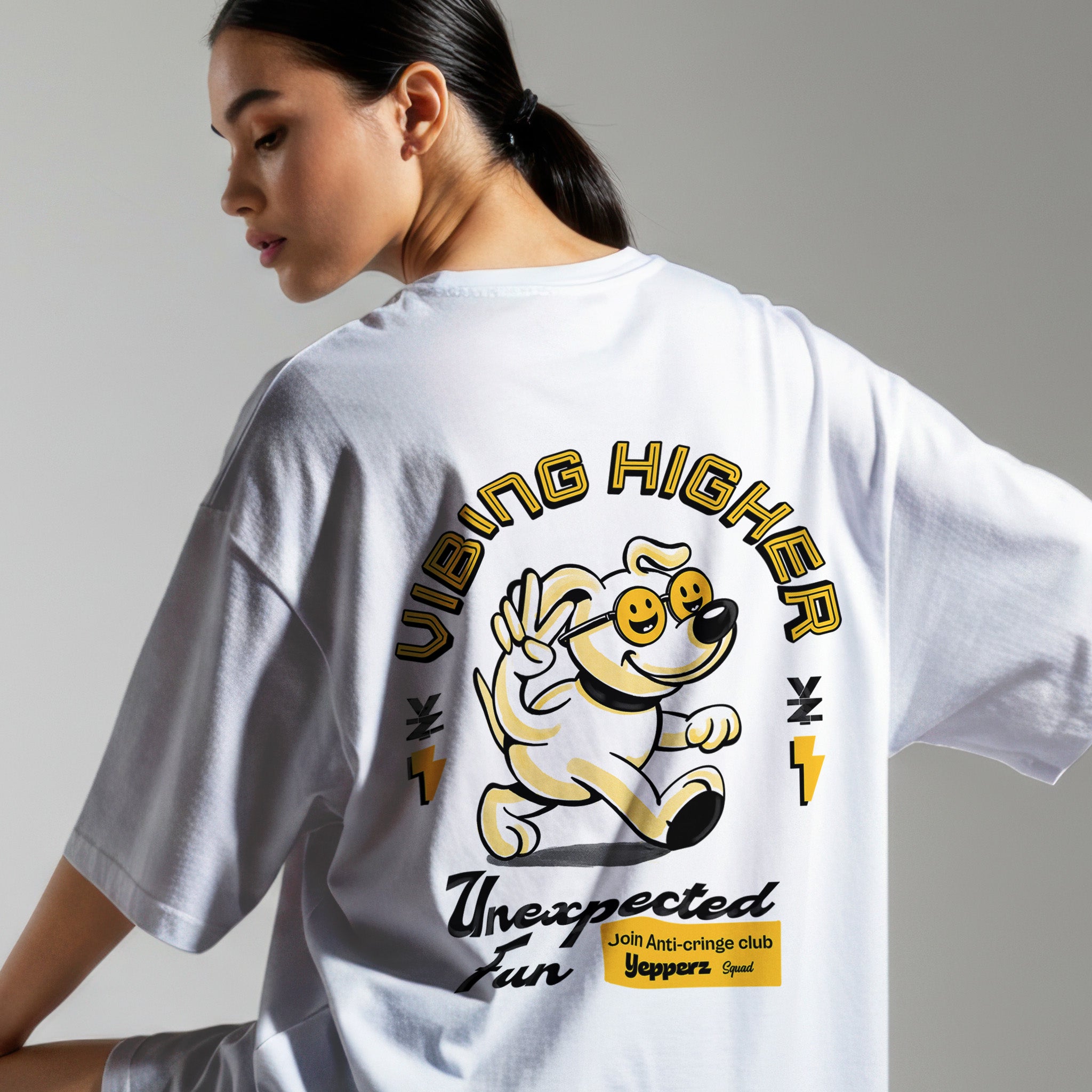 White Oversized Graphic T-Shirt – “Vibing Higher” Unisex Streetwear Tee