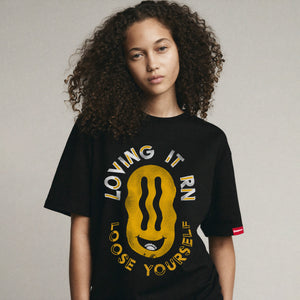 Black Oversized Graphic T-Shirt – “Loving It Right Now” Unisex Streetwear Tee