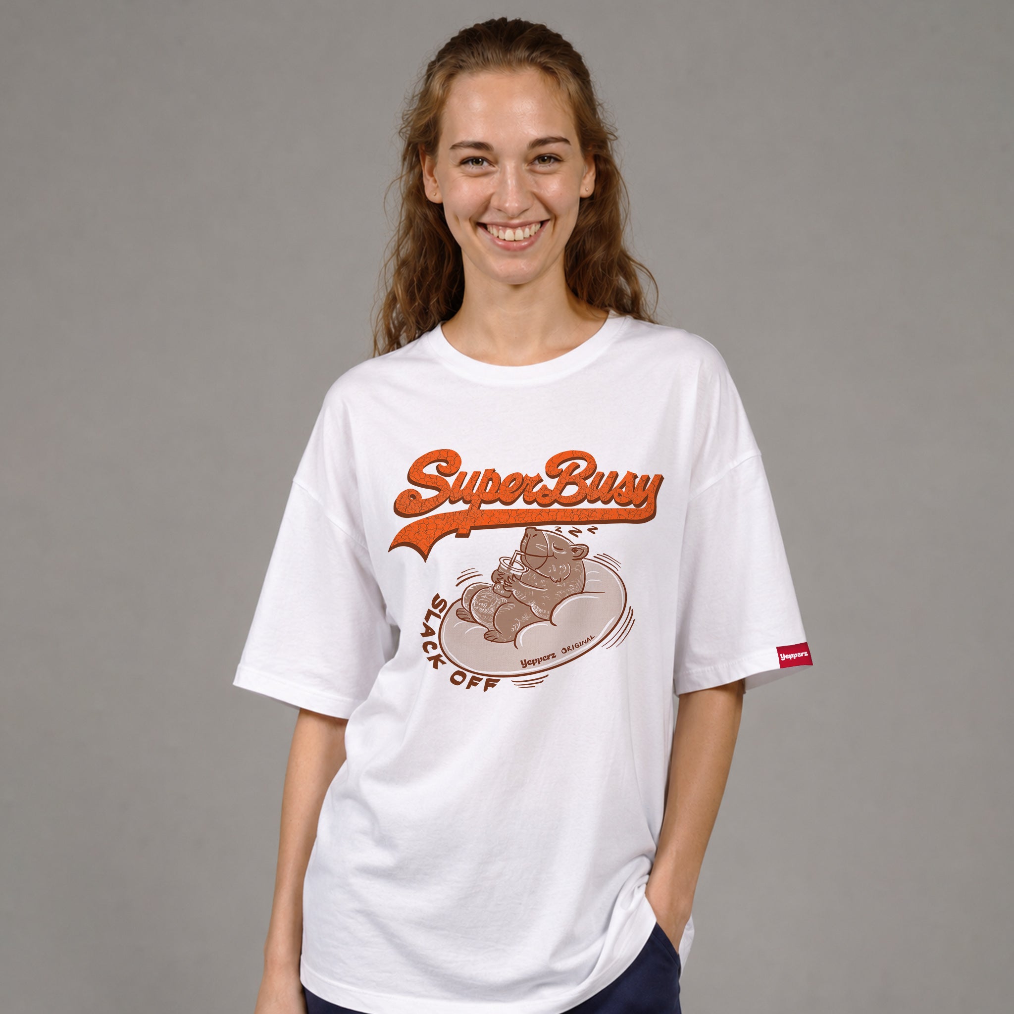 White Oversized Graphic T-Shirt – “Super Busy” Unisex Streetwear Tee